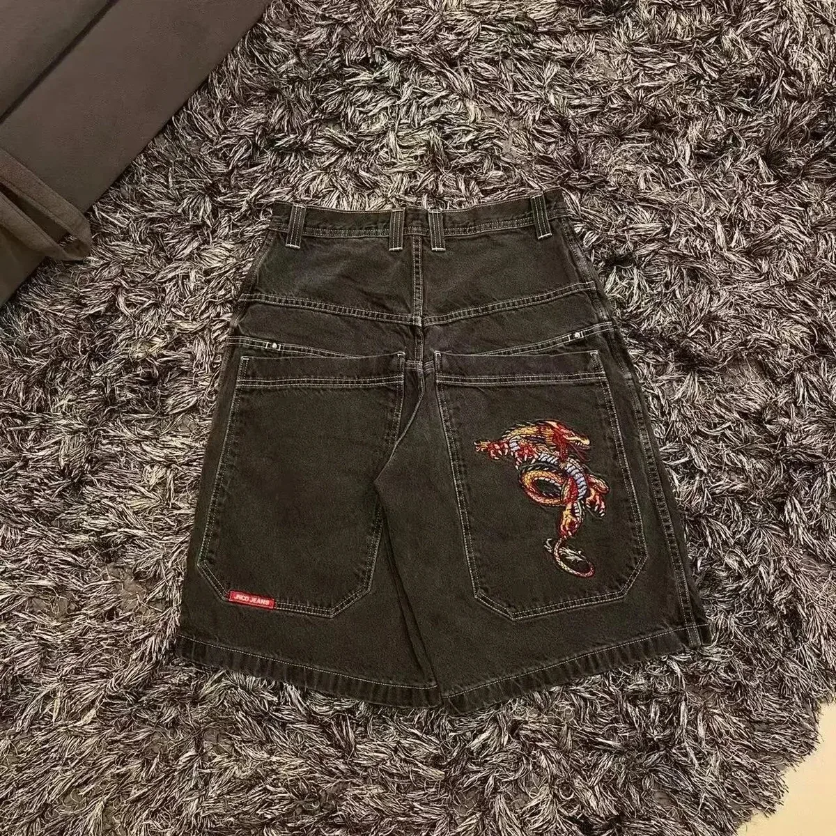 Unisex Dark Denim Dragon Embroidery Shorts