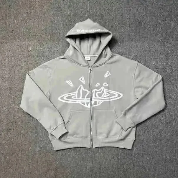 Unisex Grey Planet Print Zip-Up Hoodie
