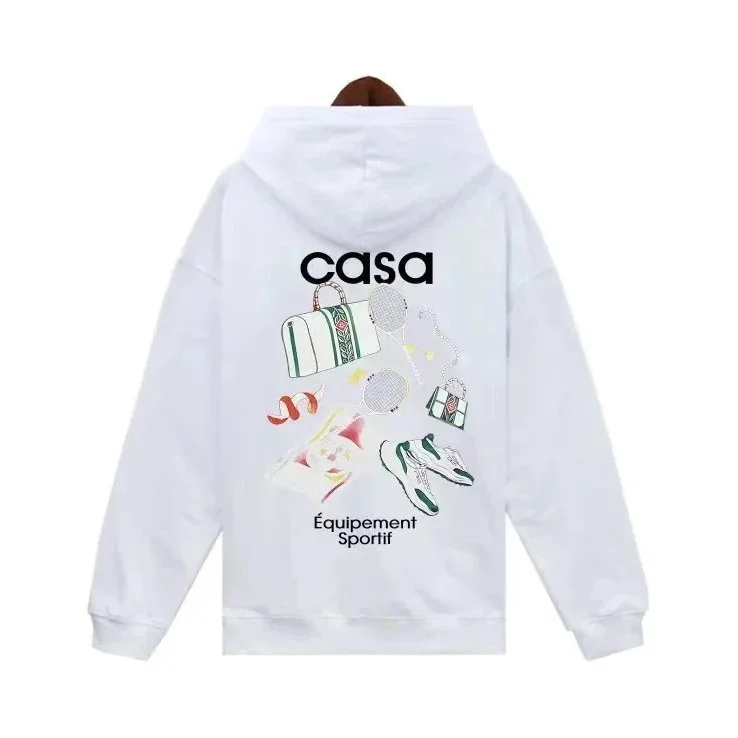 White Casa Hoodie with Sporty Equipment Print