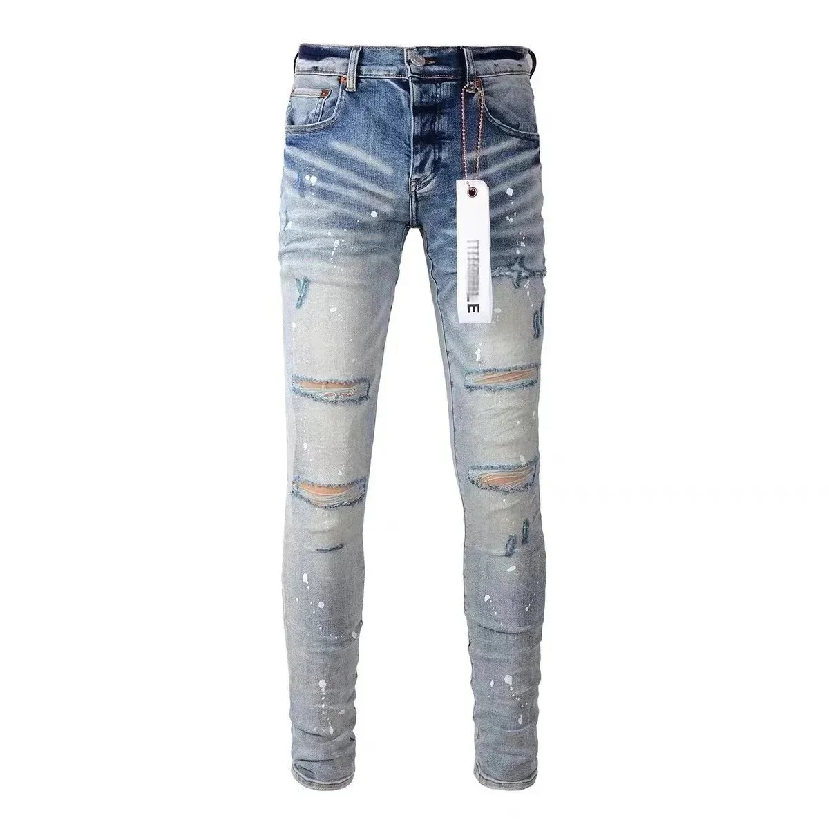 Distressed Denim Jeans with Rips and Paint Splatter