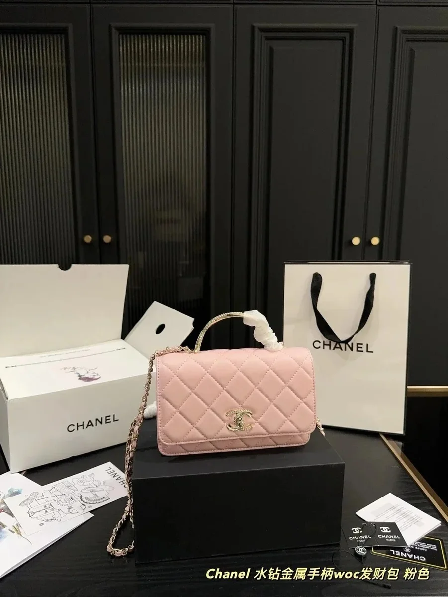 Chanel Classic Flap Pink Water Diamond Metal Handle WOC Wallet on Chain