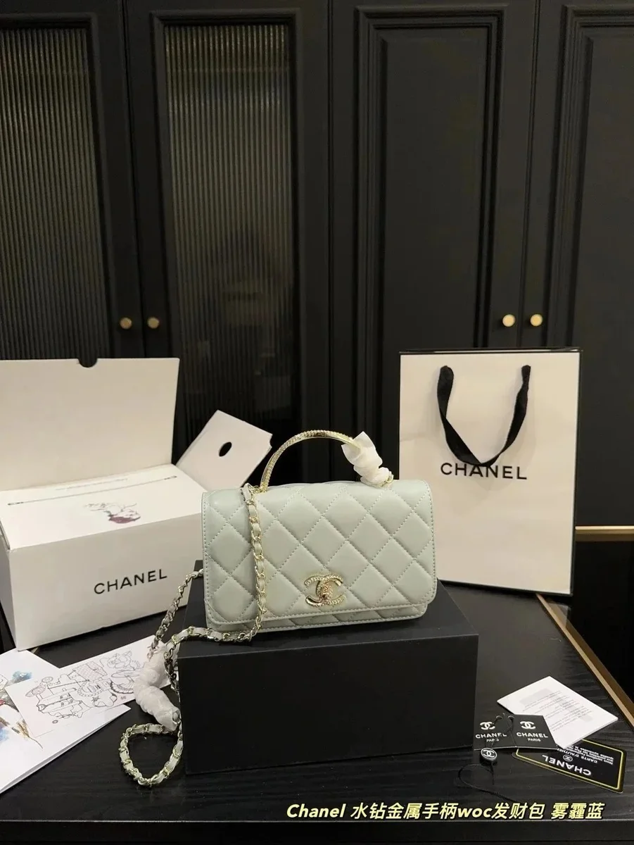 Chanel Classic Flap Water Diamond Metal Handle Wallet on Chain Fog Blue