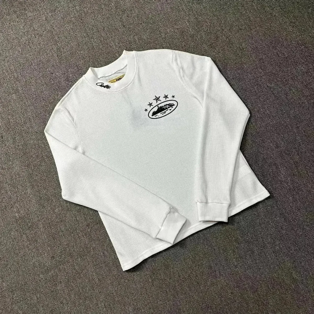 White Waffle Knit Long-Sleeve Tee with Graphic Print