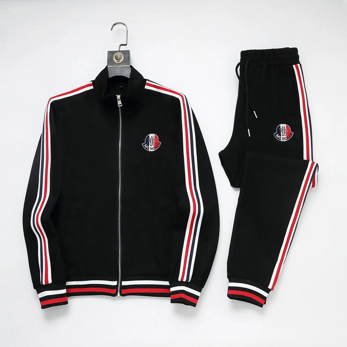 Moncler Tracksuit Set Black with Red/White Stripes