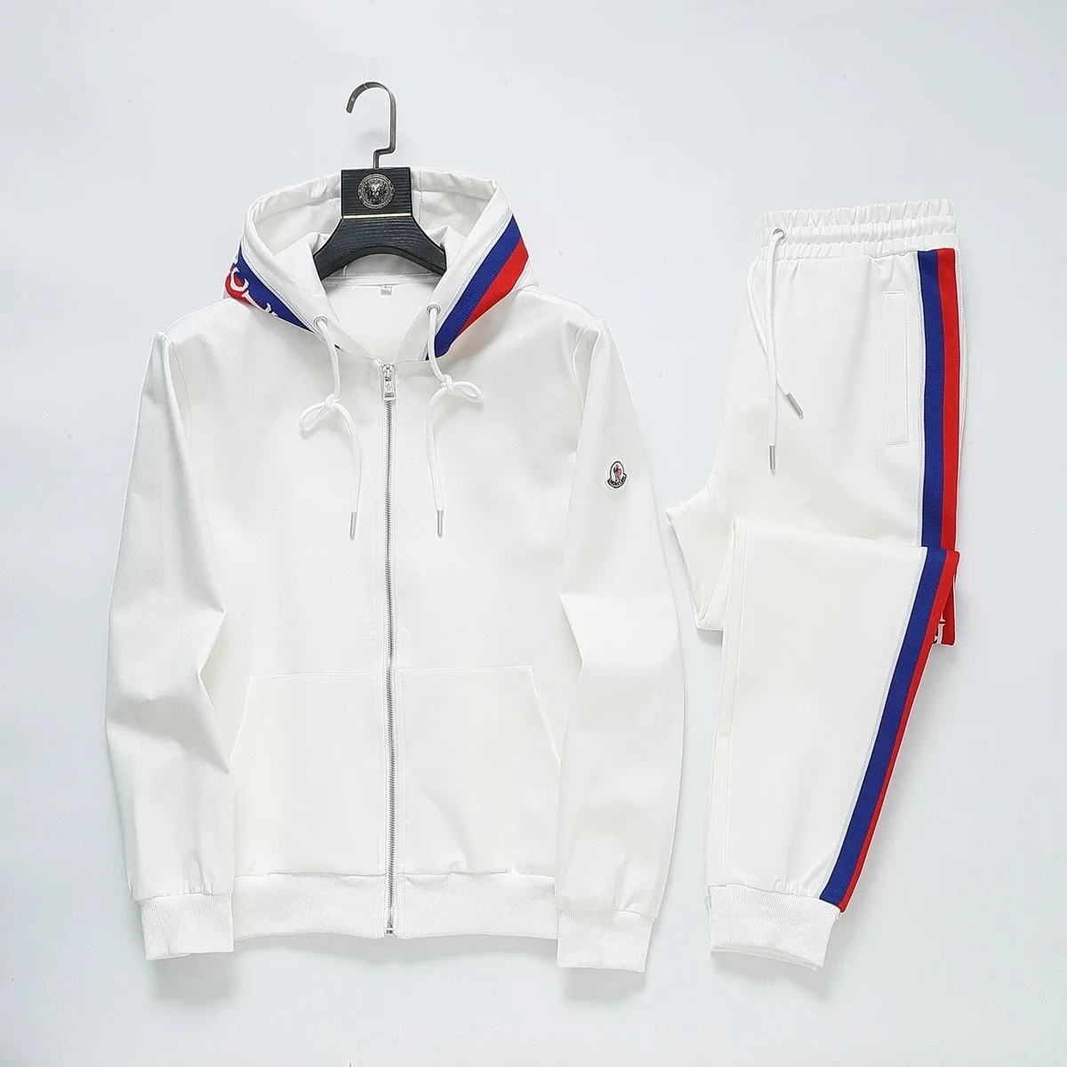 Moncler White Tracksuit with Red & Blue Stripes