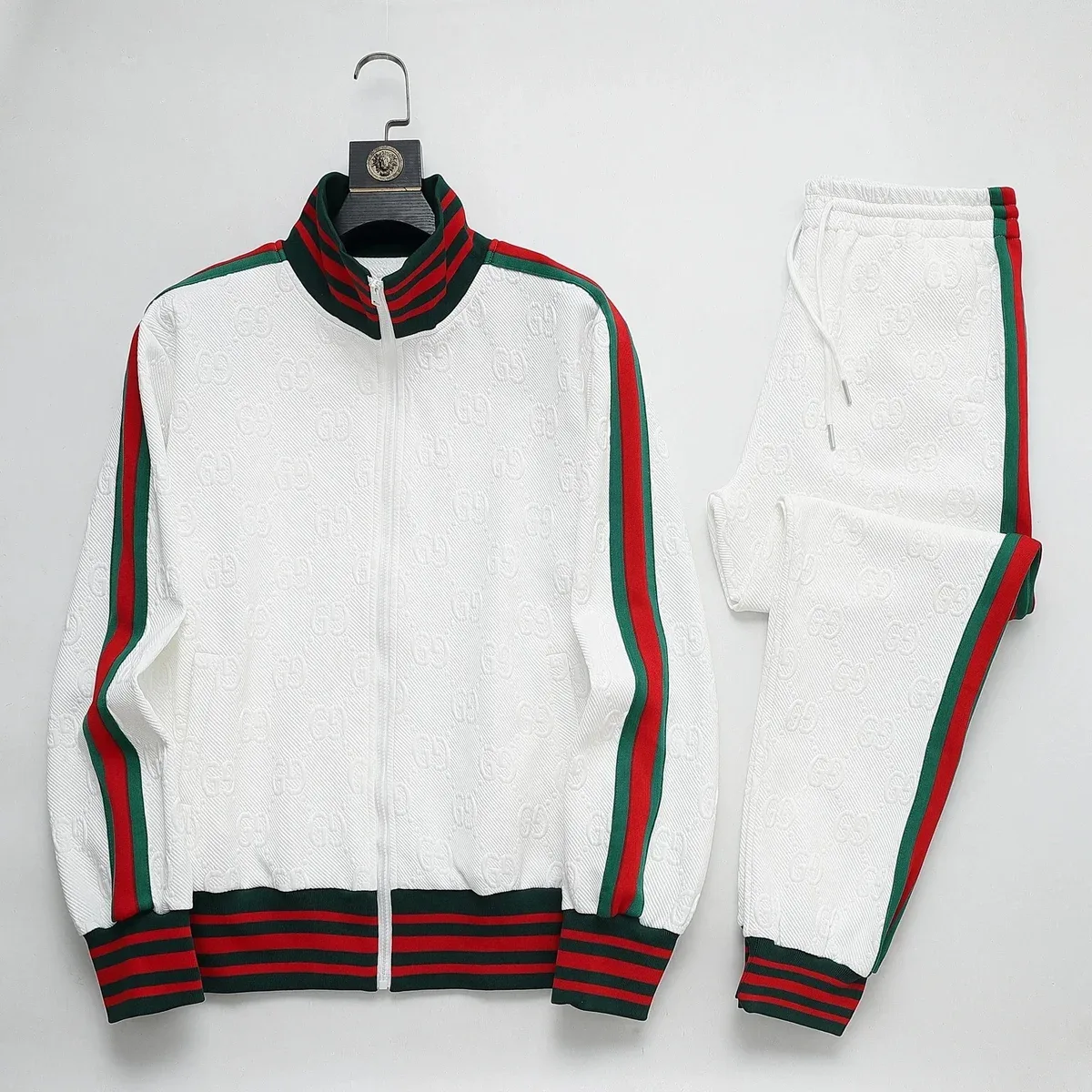 Gucci GG Supreme White Track Suit with Red & Green Stripes