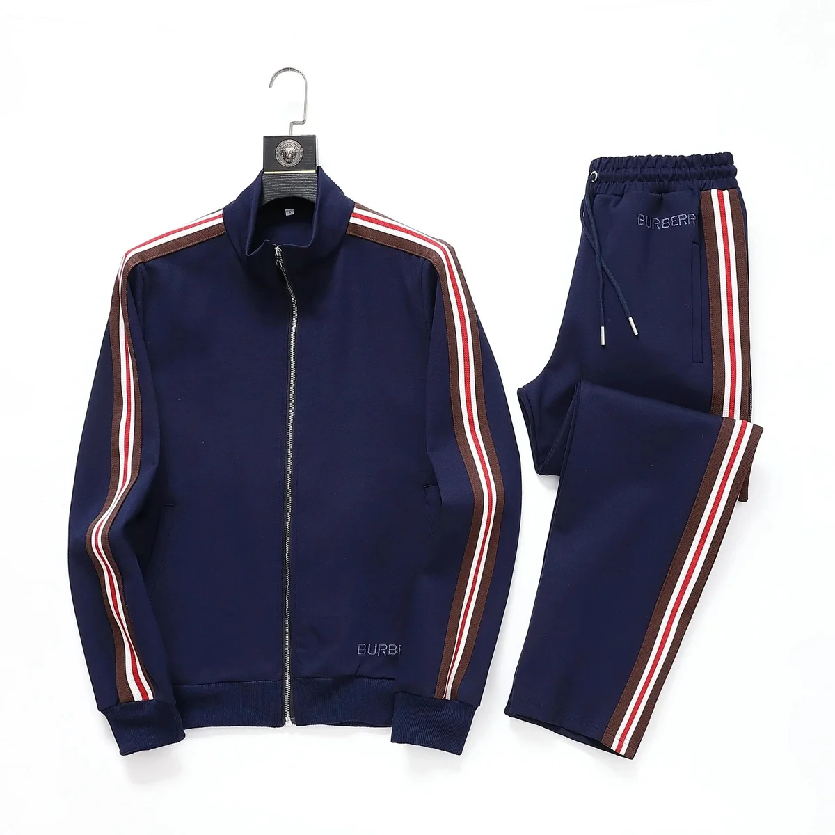 Burberry Navy Track Suit with Striped Sleeves