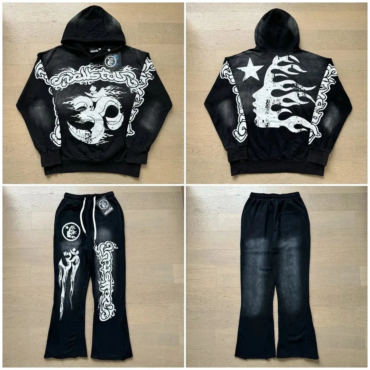 Black & White Flame Print Hoodie & Pants Set