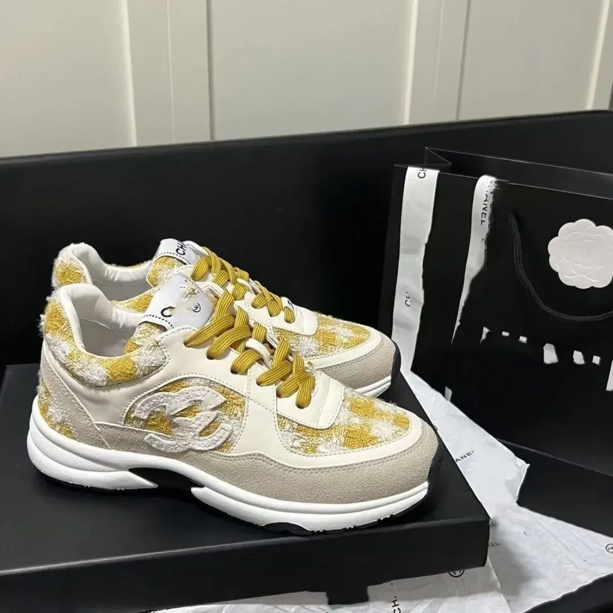 Chanel Runners Yellow Tweed & White Sneakers