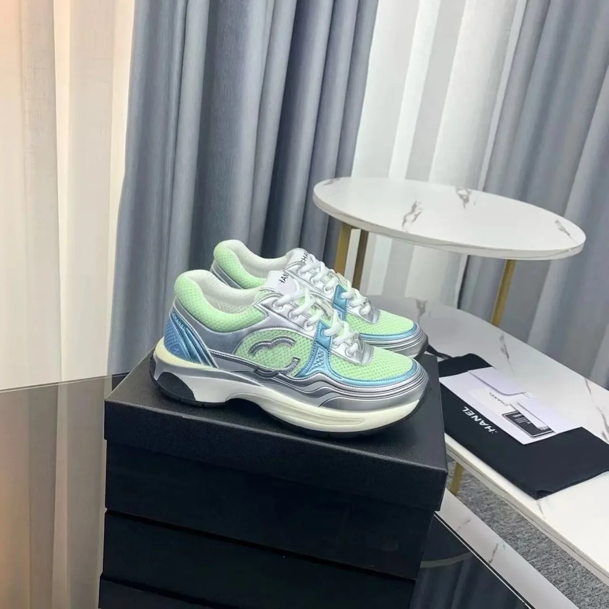 Chanel Runners Green & Silver Sneakers