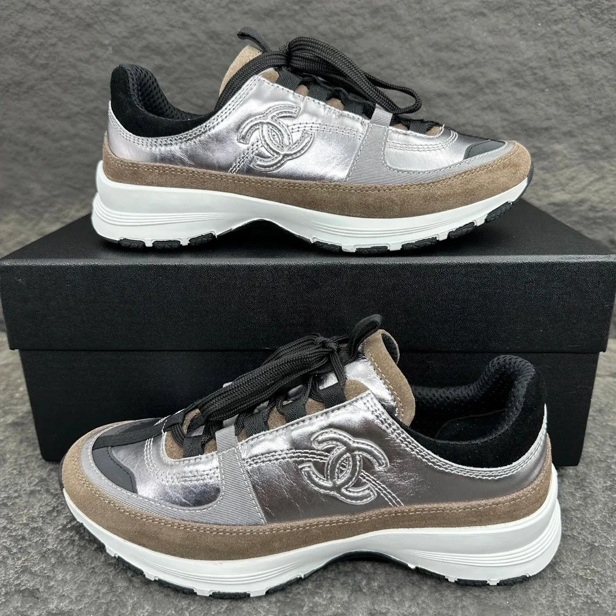Chanel Runners Silver CC Logo Sneakers