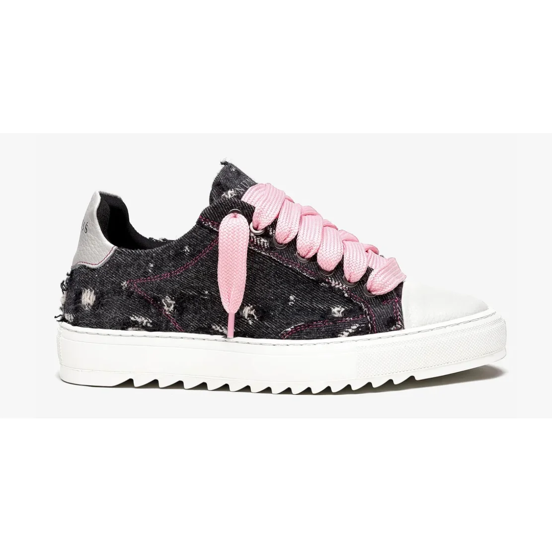Unisex Distressed Denim Sneakers with Pink Laces
