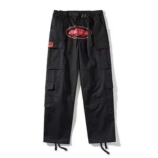 Black Multi-Pocket Cargo Pants with Red Graphic