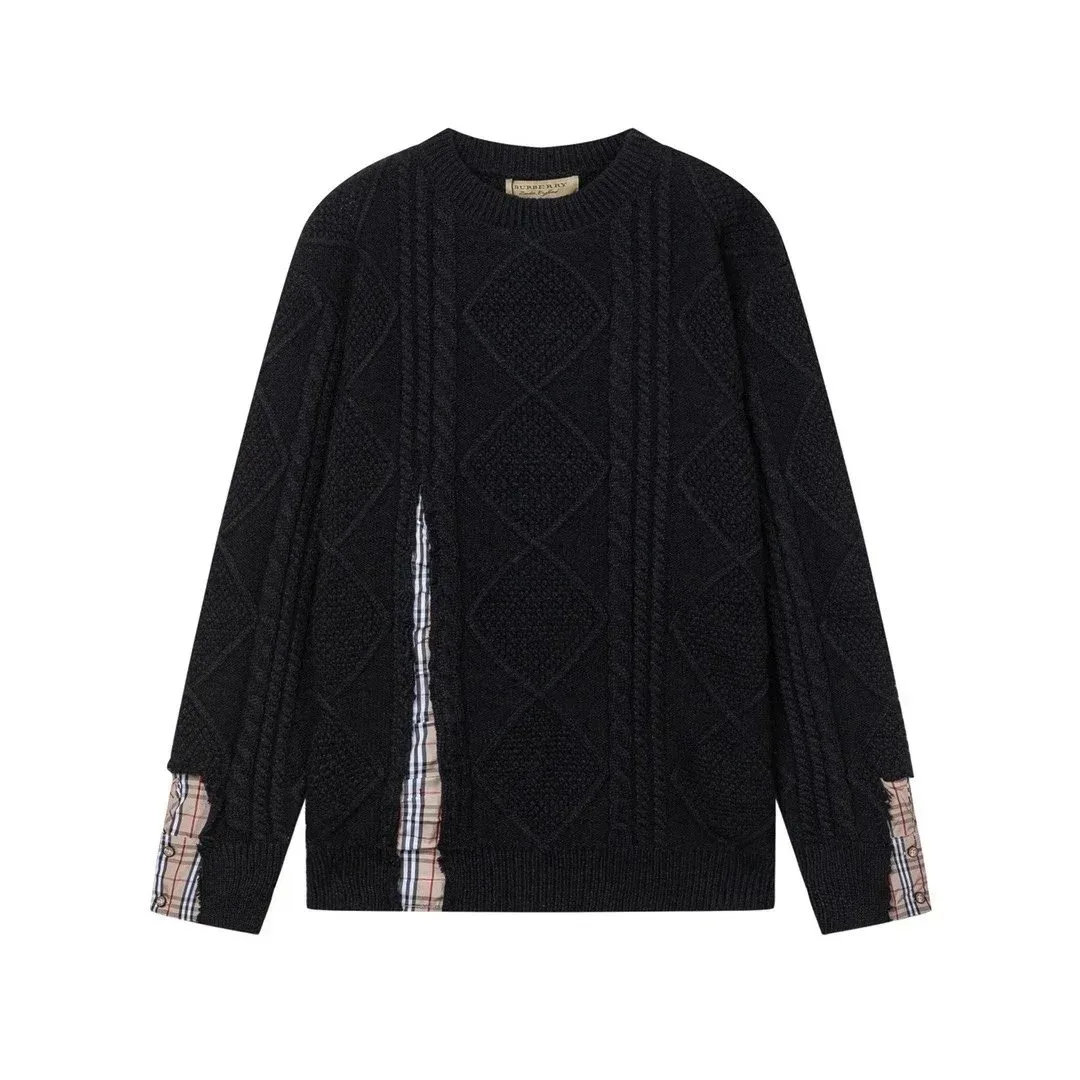 Burberry Black Cable Knit Sweater with Plaid Detail