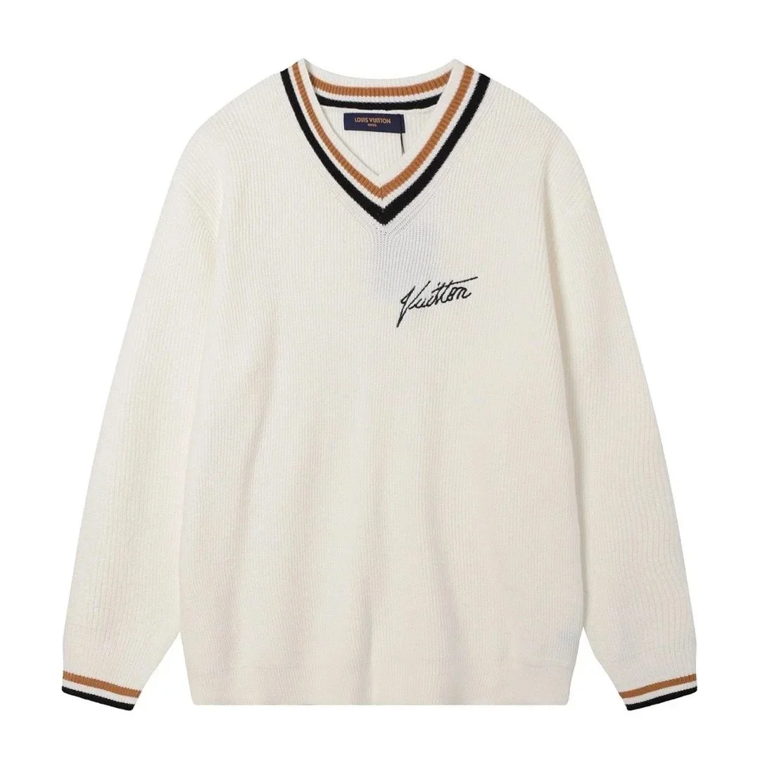 Louis Vuitton White Signature V-Neck Sweater