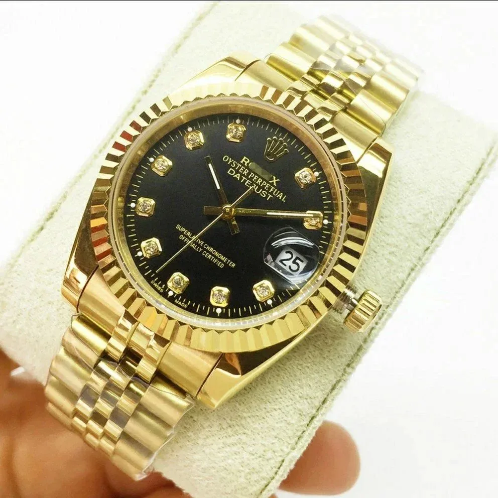 Rolex Oyster Perpetual Datejust Gold Band Black Face Watch