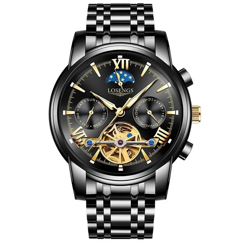 Black Face Mechanical Watch with Moon Phase