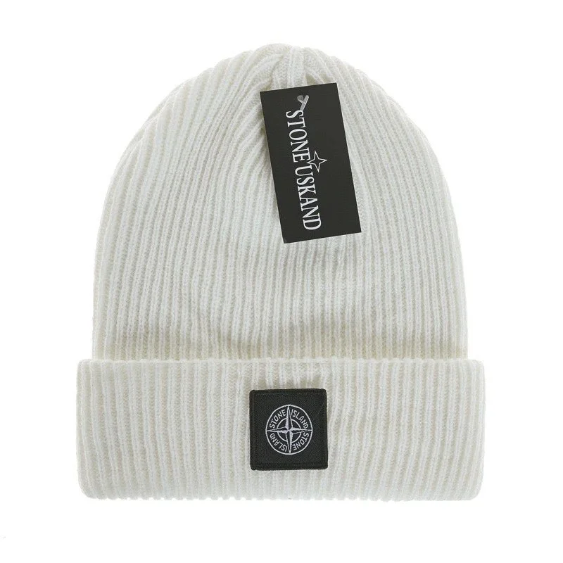 Stone Island Beanie White Ribbed Headwear