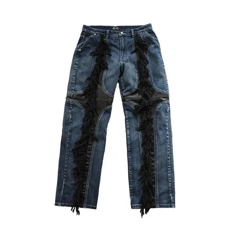 Unisex Distressed Denim Jeans with Fringe & Leather Panels