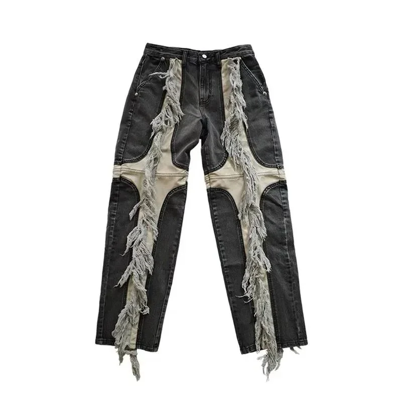 Distressed Fringe Jeans Black & Beige Bottoms