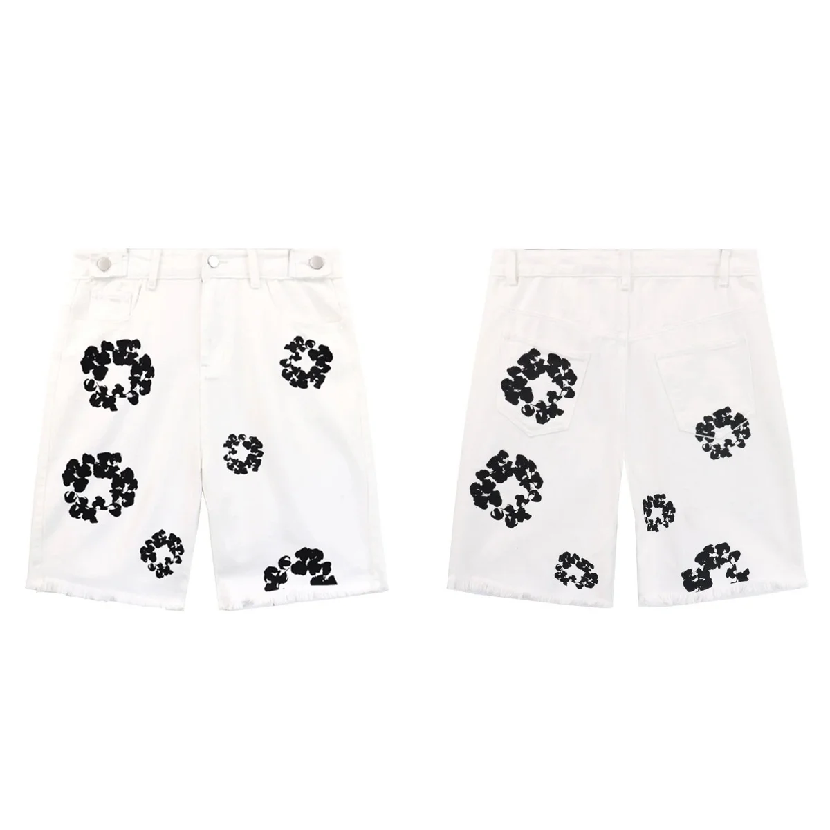 White Floral Embroidered Denim Shorts