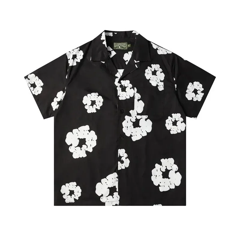 Black White Floral Print Short Sleeve Shirt