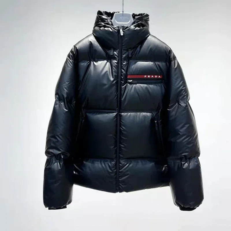 Prada Short Puffer Jacket Black Logo Patch Side Pocket