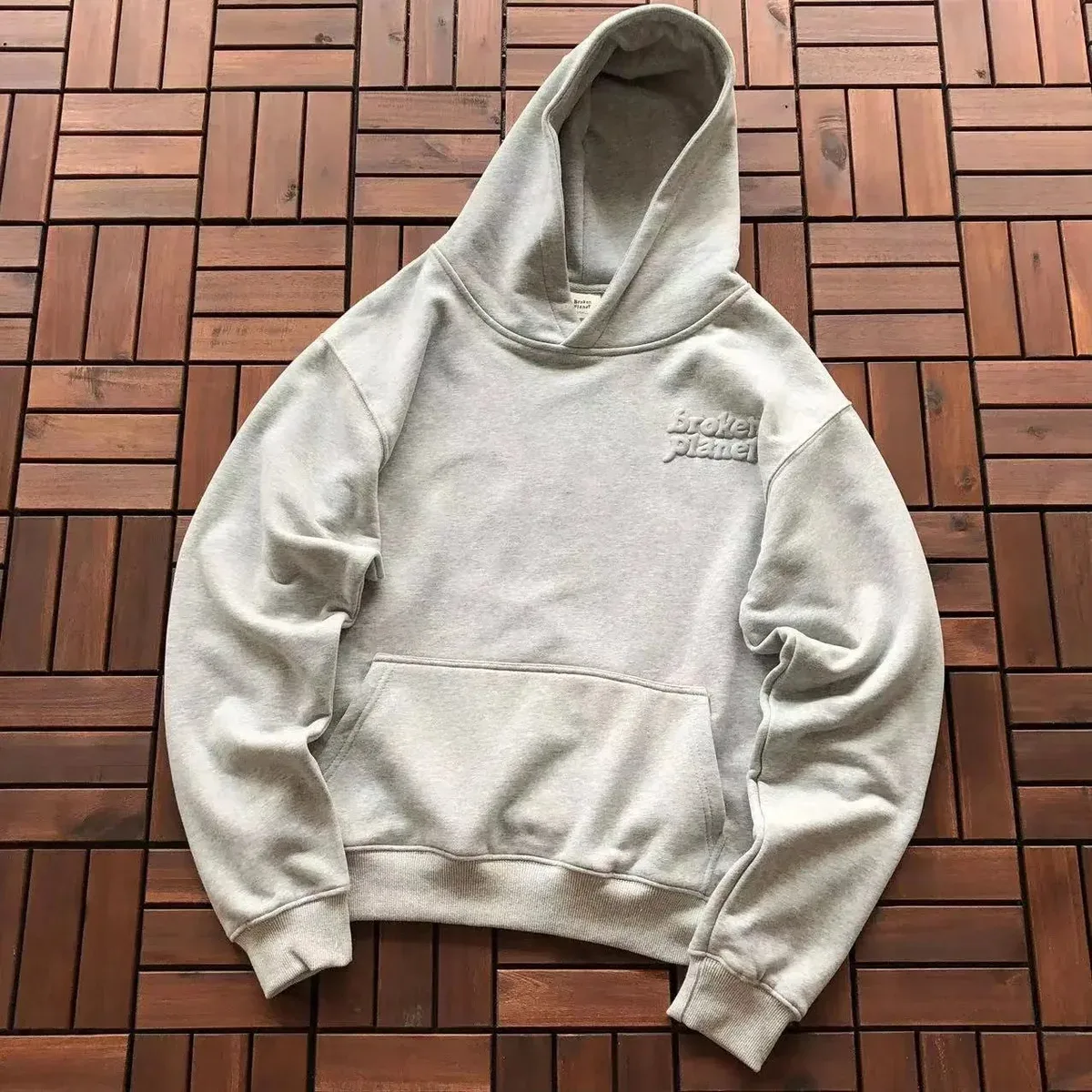 Broken Planet Market Grey Hoodie with Embroidered Logo