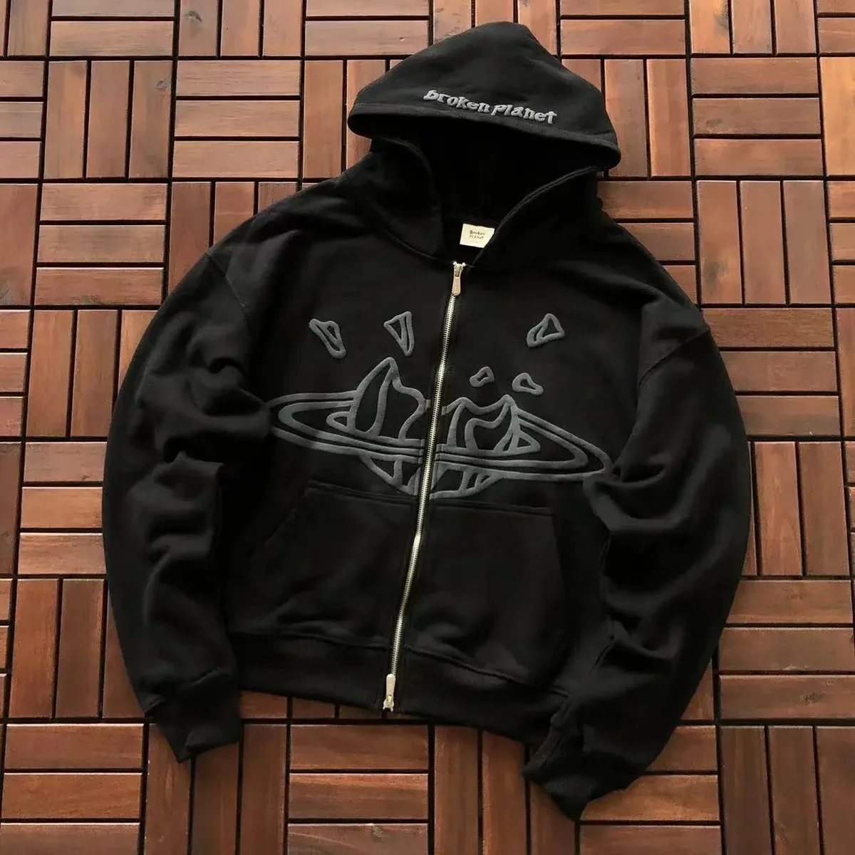 Broken Planet Market Hoodie Black Saturn Zip-Up