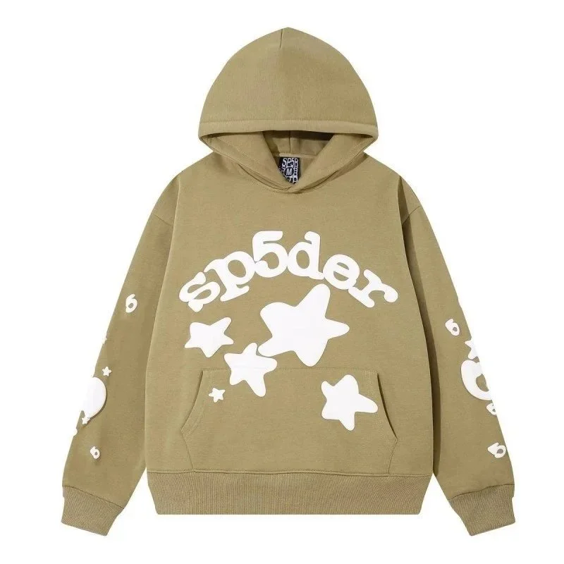 Palm Angels Spider Khaki Hoodie with White Star Print