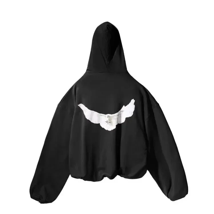 Black Oversized Hoodie with White Wing Print