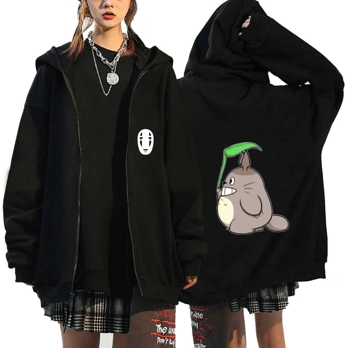 Unisex Black Totoro & No-Face Zip-Up Hoodie