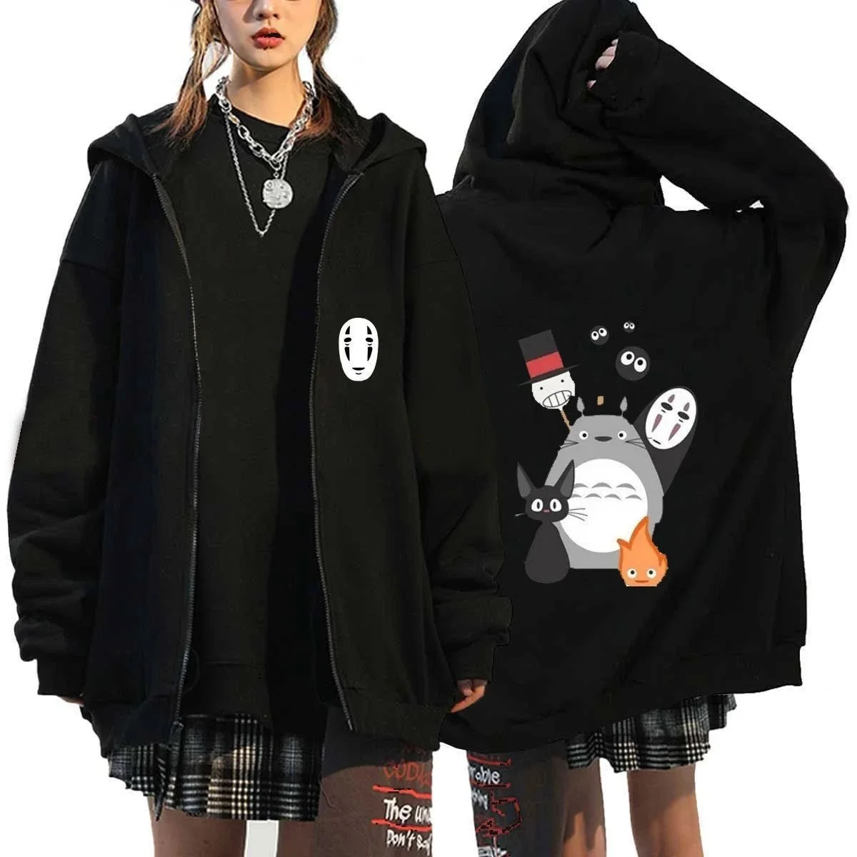 Unisex Black Totoro & No-Face Zip-Up Hoodie