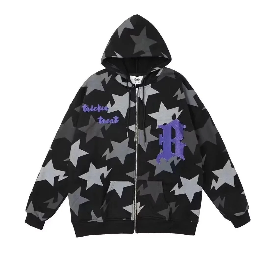 Unisex Star Print Zip-Up Hoodie 32 Black