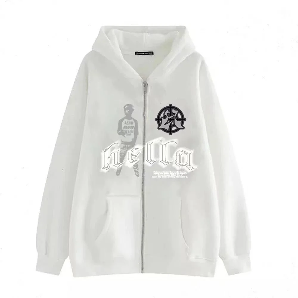 Unisex White 'Hella' Graphic Zip-Up Hoodie