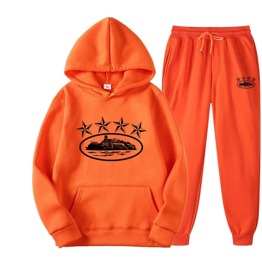 Orange Hoodie & Pants Set Solid Color Streetwear