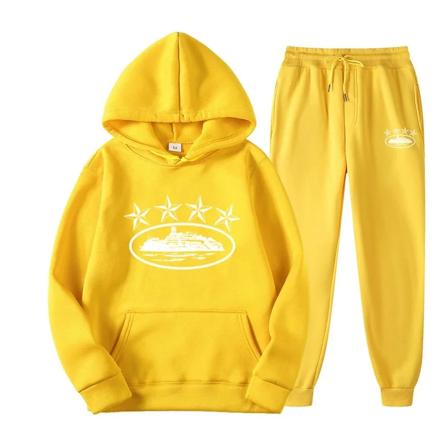Unisex Yellow Hoodie & Pants Set with White Star Print