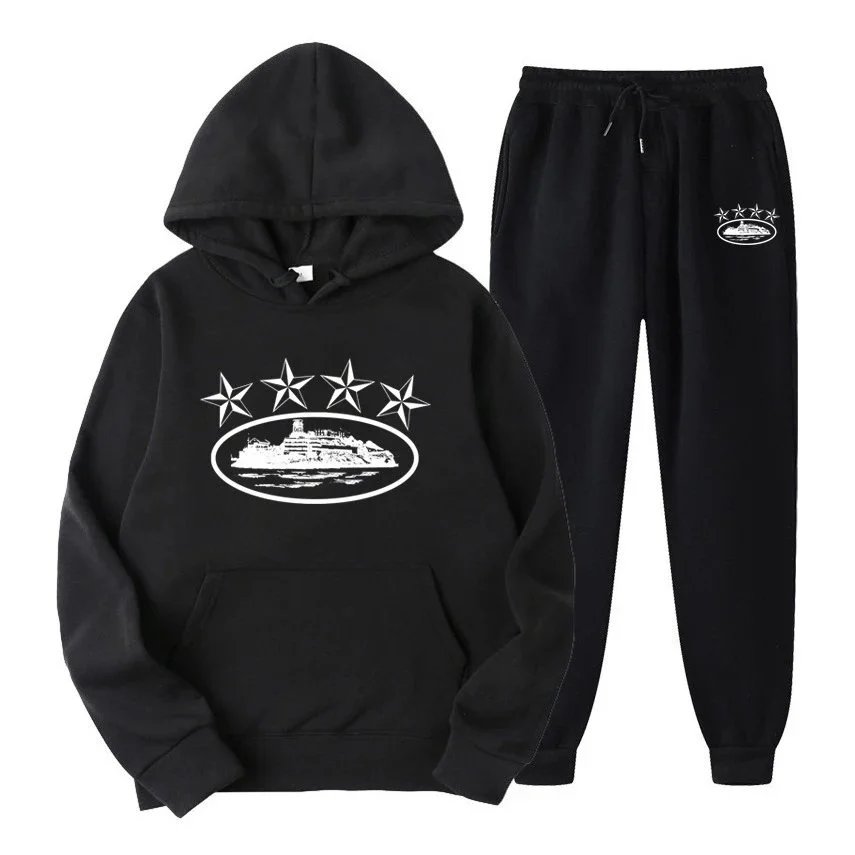 Black Hoodie & Pants Set with Star and Ship Print