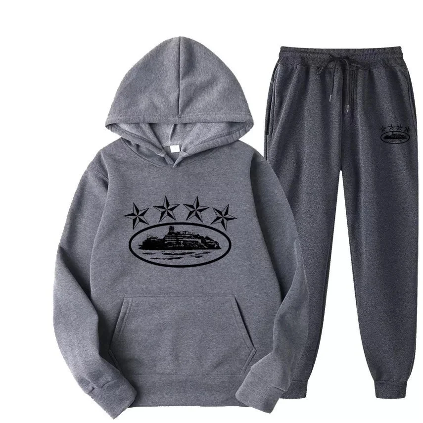 Unisex Deep Grey Hoodie & Pants Set with Star Print Tracksuit