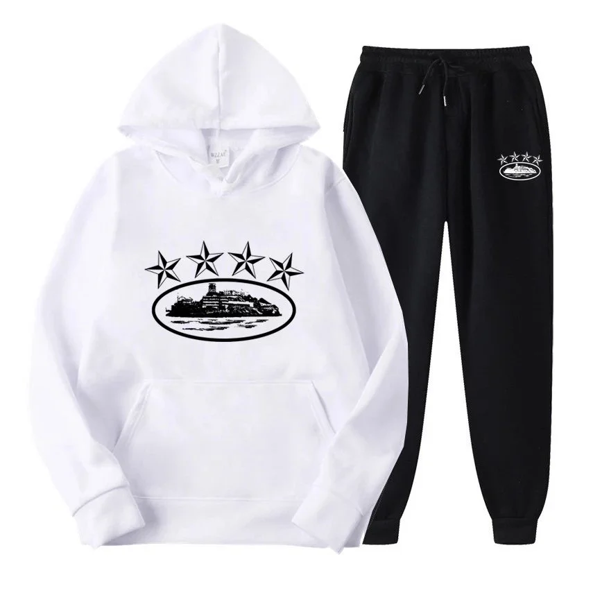 White Hoodie with Black Pants Co-ord Set
