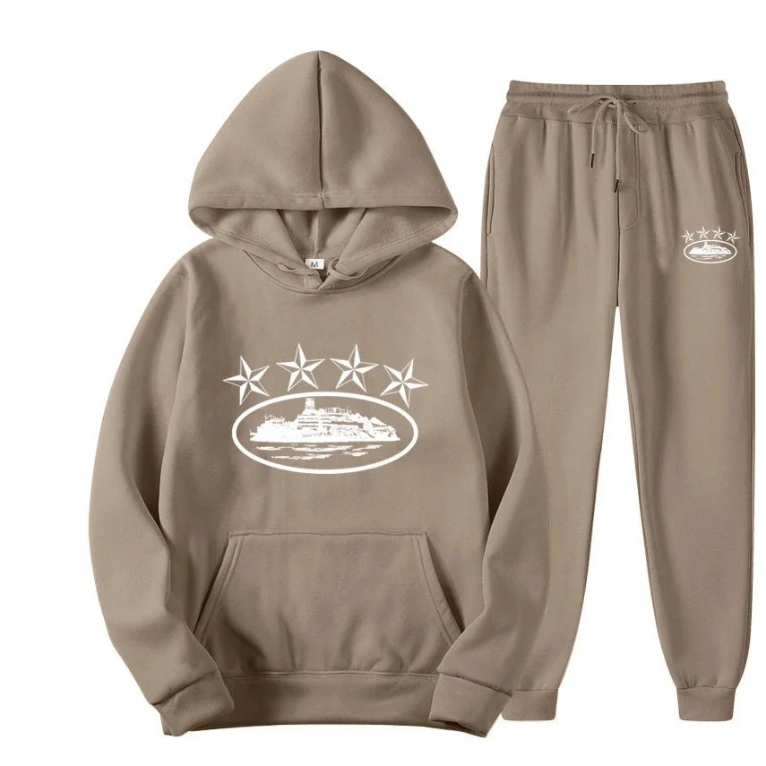 Beige White Logo Hoodie & Pants Set
