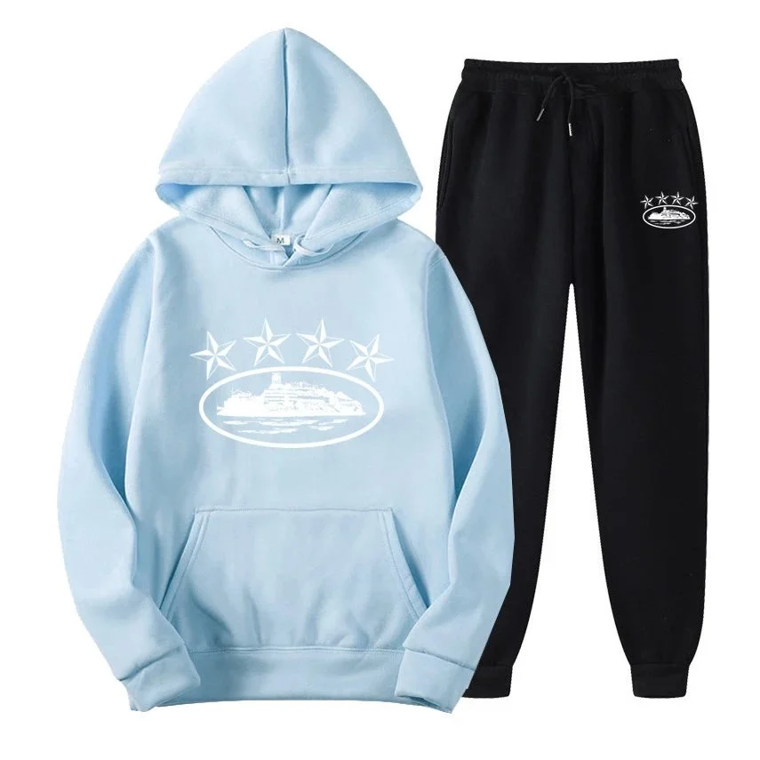 Light Blue White Logo Hoodie & Black Pants Set