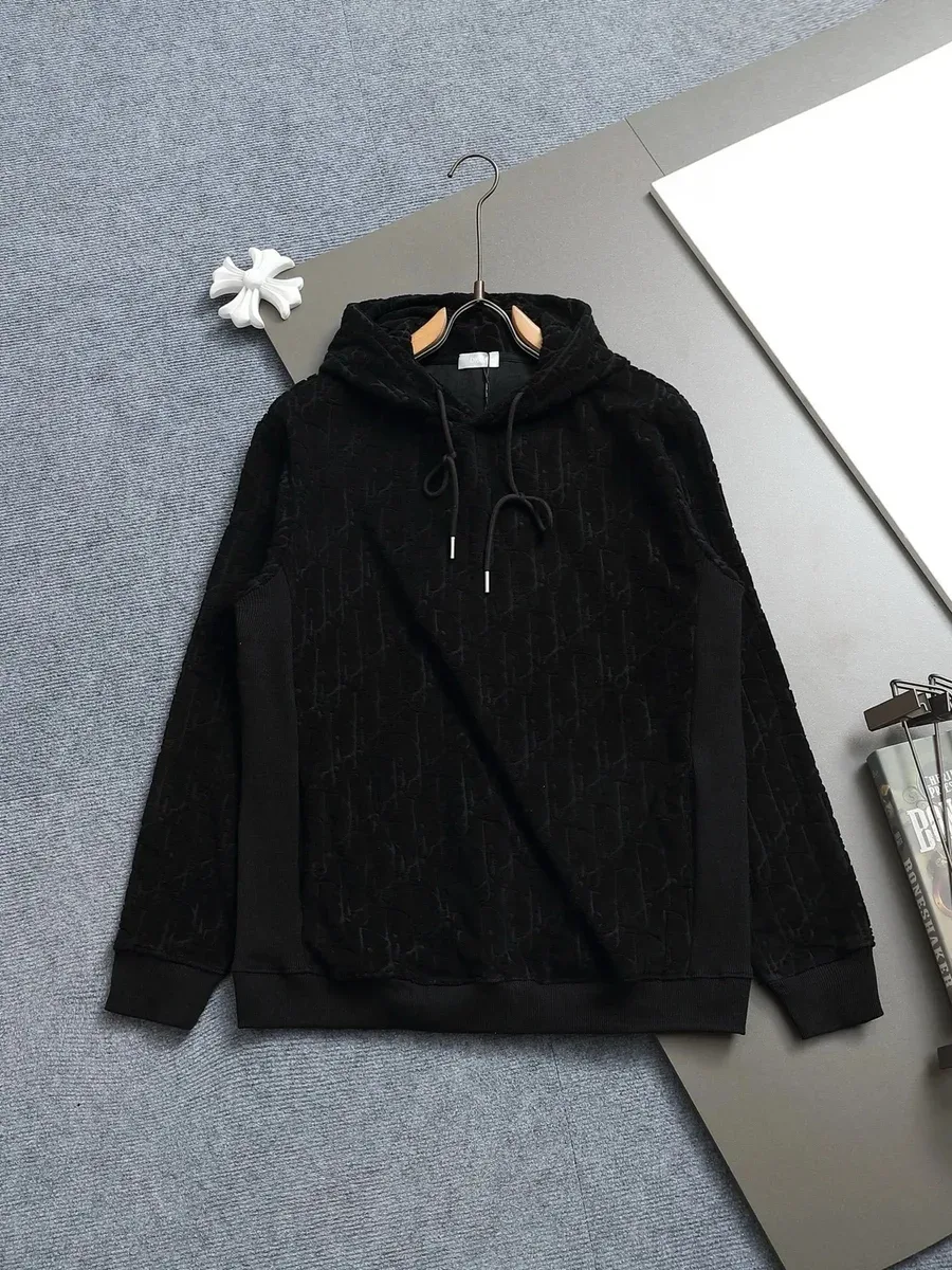 Black Hooded Sweatshirt with Embossed Pattern