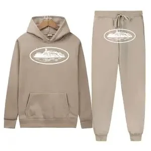 Beige Hoodie & Sweatpants Set with Boat Print Tracksuit