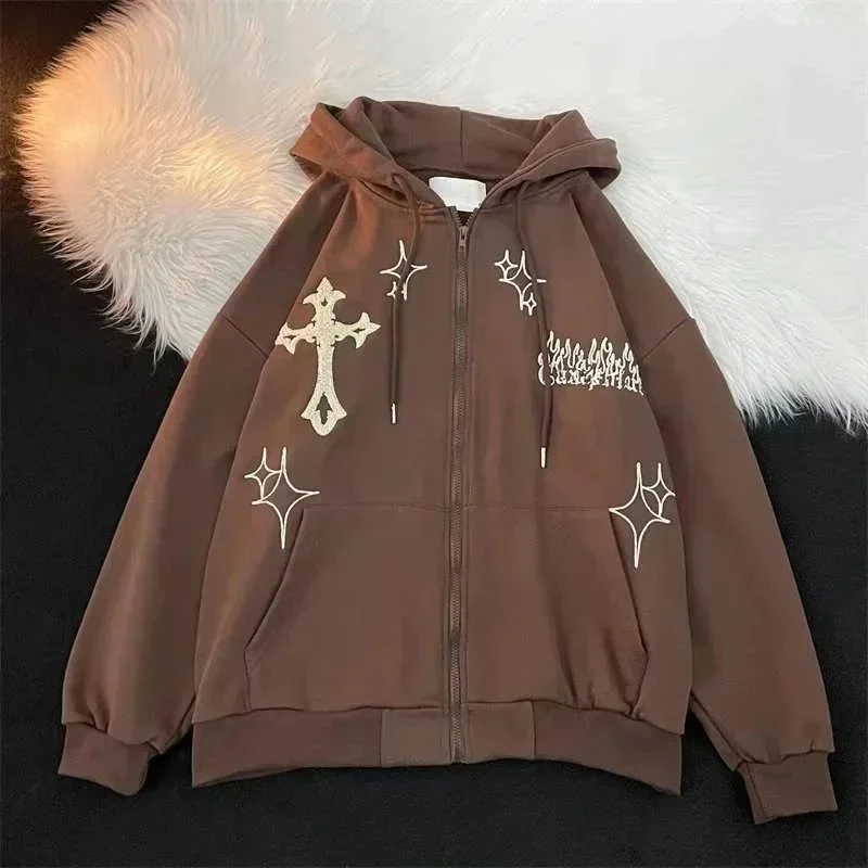 Unisex Brown Cross Embroidery Zip-Up Hoodie
