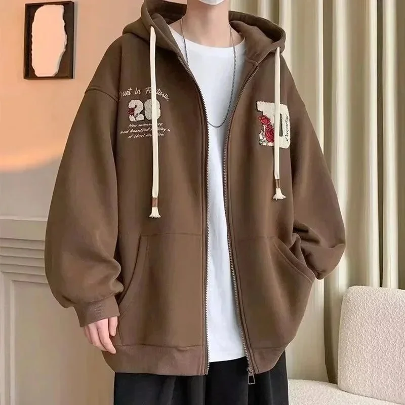 Unisex Brown Embroidered Zip-Up Hoodie