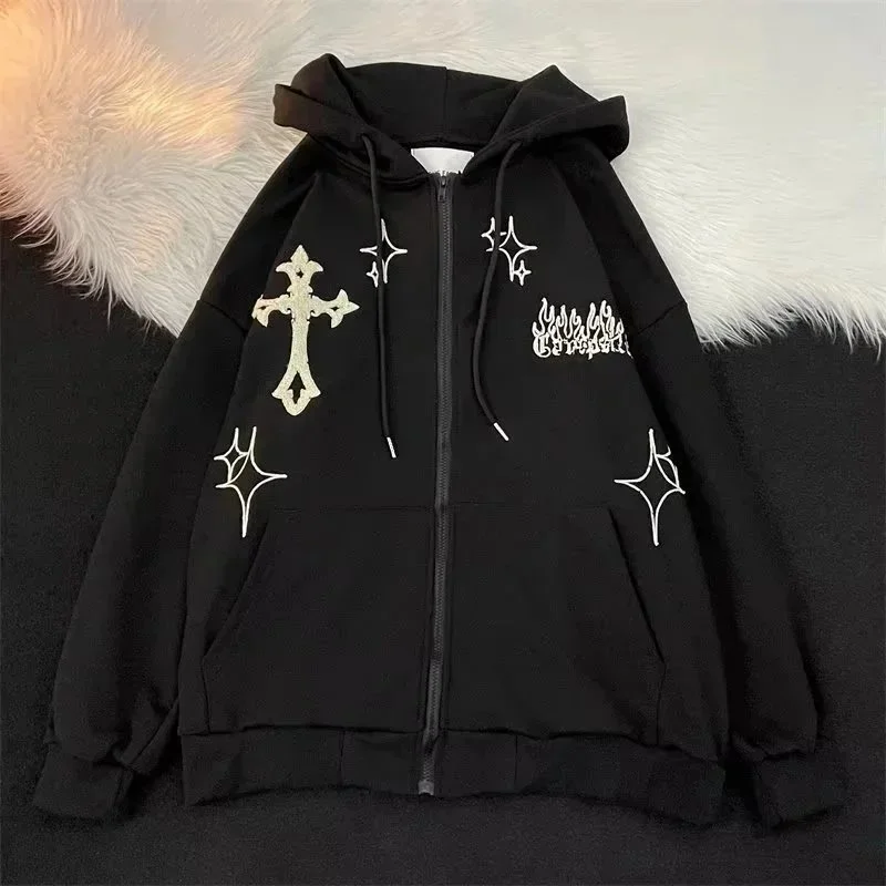Black Cross Print Zip-Up Hoodie
