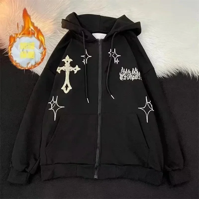 Black Cross Print Zip-Up Hoodie ALBB-10 (Fleece Lined)