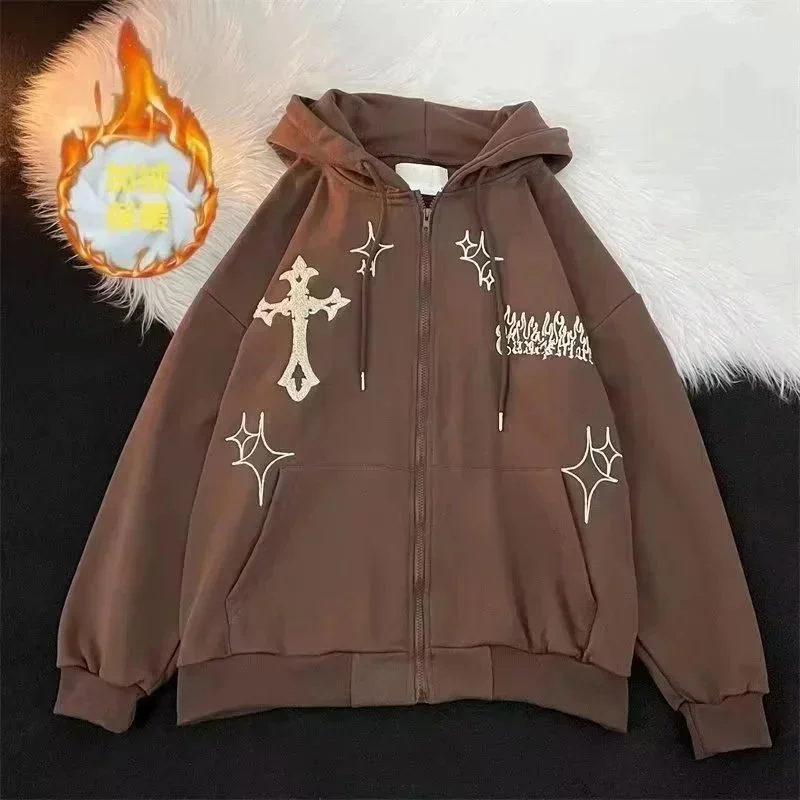 Unisex Brown Cross Embroidery Zip-Up Hoodie ALBB-12 (Fleece Lined)