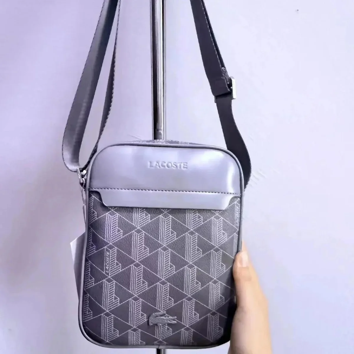 Lacoste Grey Crocodile Embroidered Crossbody Bag